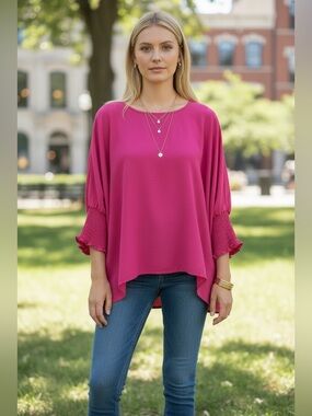 NWT Ninety Clothing Co Hot Pink Blouse | Smocked Sleeve Top | S & M